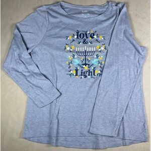 Croft & Barrow Hanukkah Love & Light Menorah Graphic Tee Heather Blue XL NEW